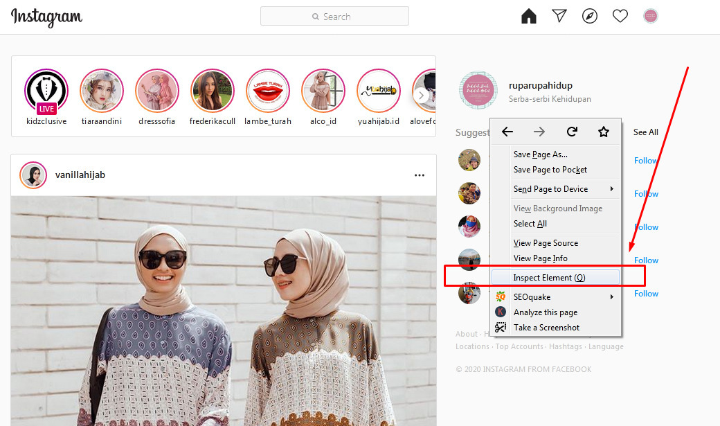 Gambar 1 - Cara upload foto di instagram web via Mozilla Firefox