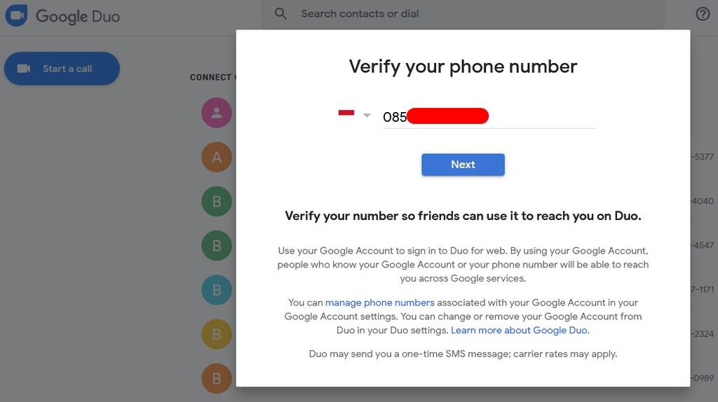 Verifikasi nomor HP di Google Duo PC